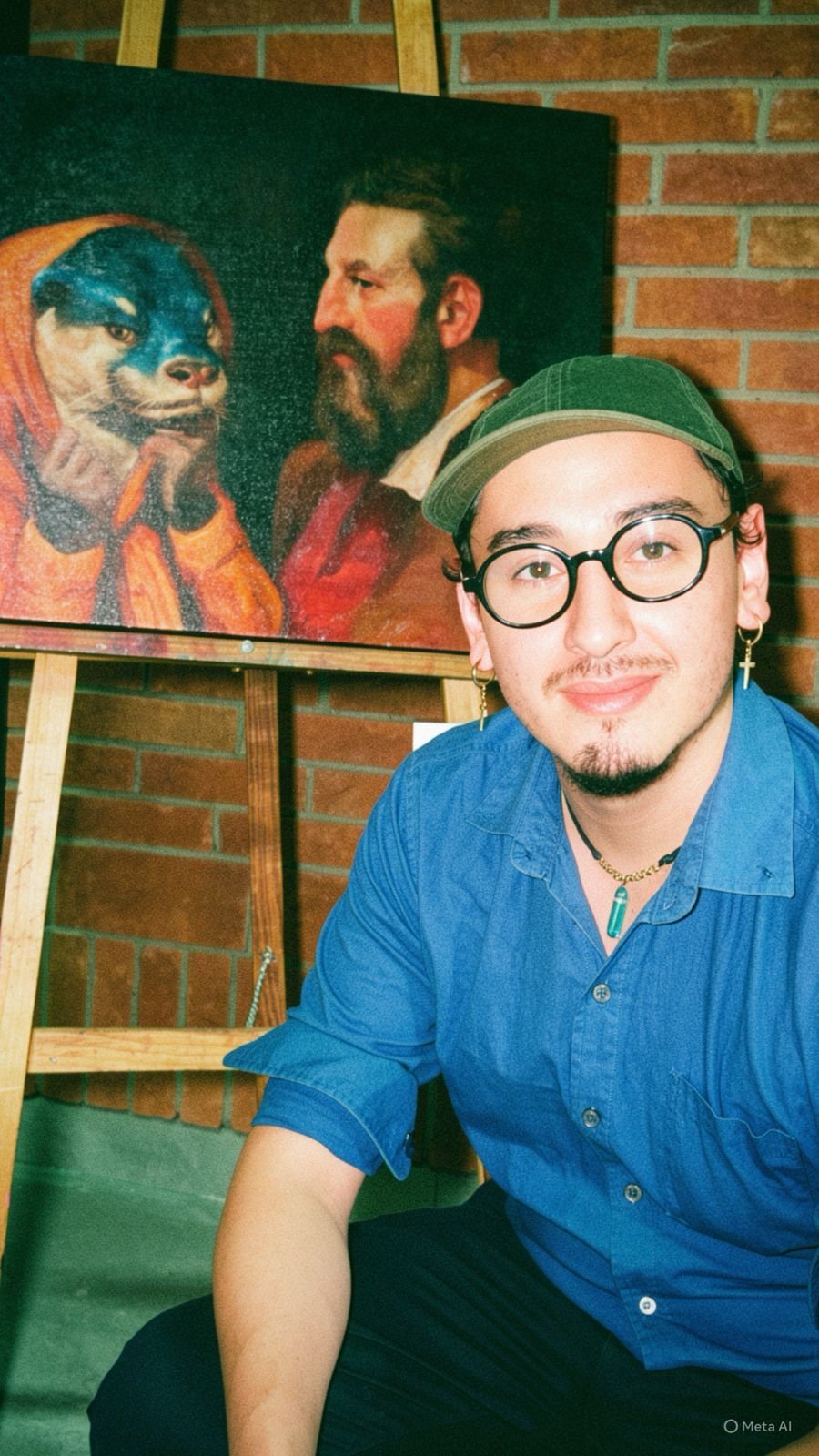 Man wearing blue shirt and green cap with glasses posing in front of a portrait painting against a brick wall